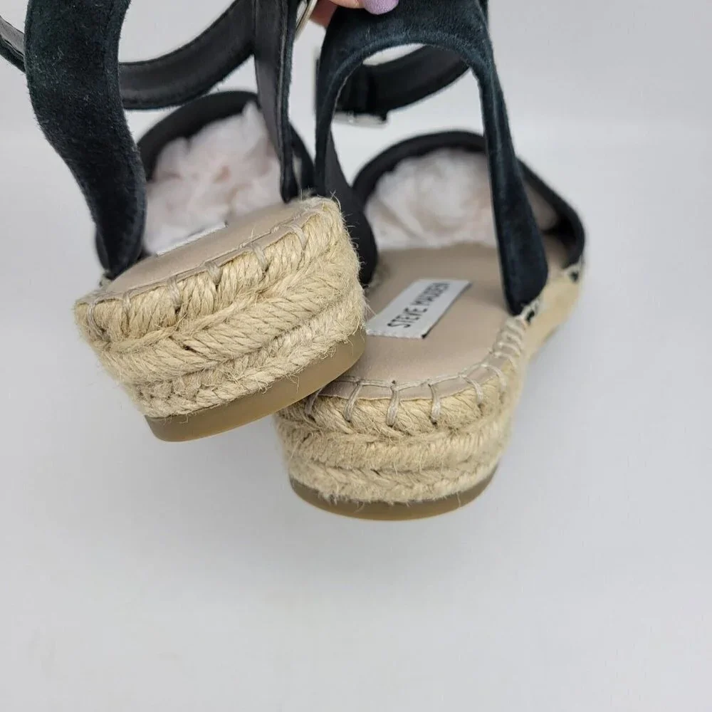 Steve Madden Sandals Womens 6.5 M Lesko Strappy Espadrille Black Suede Flats